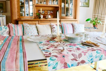 Preview: Baumwoll-Canvas WILMA - Blumen Flora altrosa/beige/smaragd
